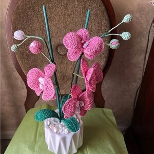 Pink Crochet Handmade Orchid Arrangement 17” ceramic pot New